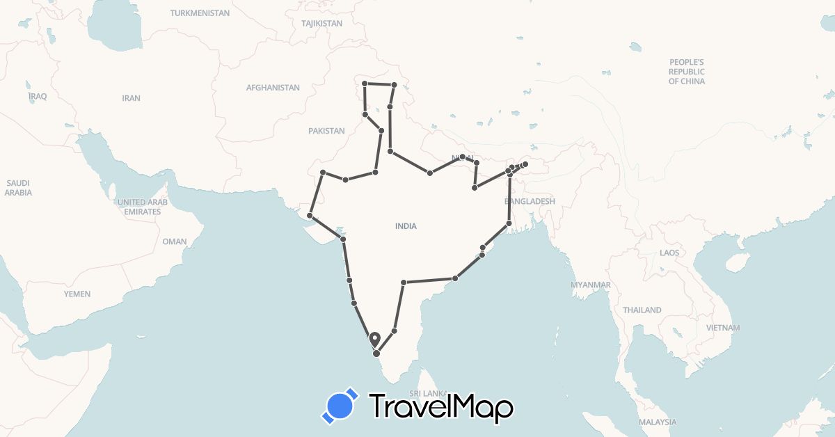 TravelMap itinerary: driving, motorbike in Bhutan, India, Nepal (Asia)